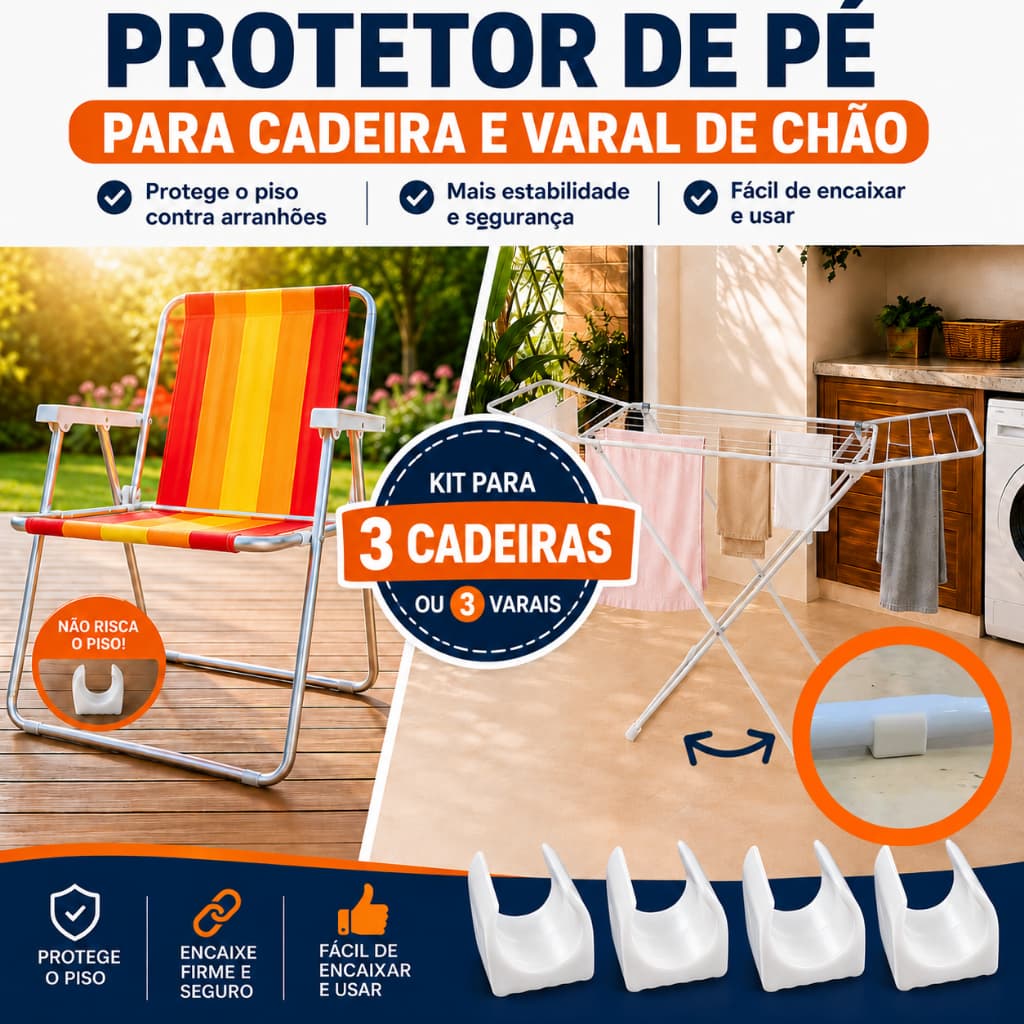 Kit 12 Sapatas Protetor de Pé para 3 Cadeiras de Praia e Varal de Chão Cor Branco