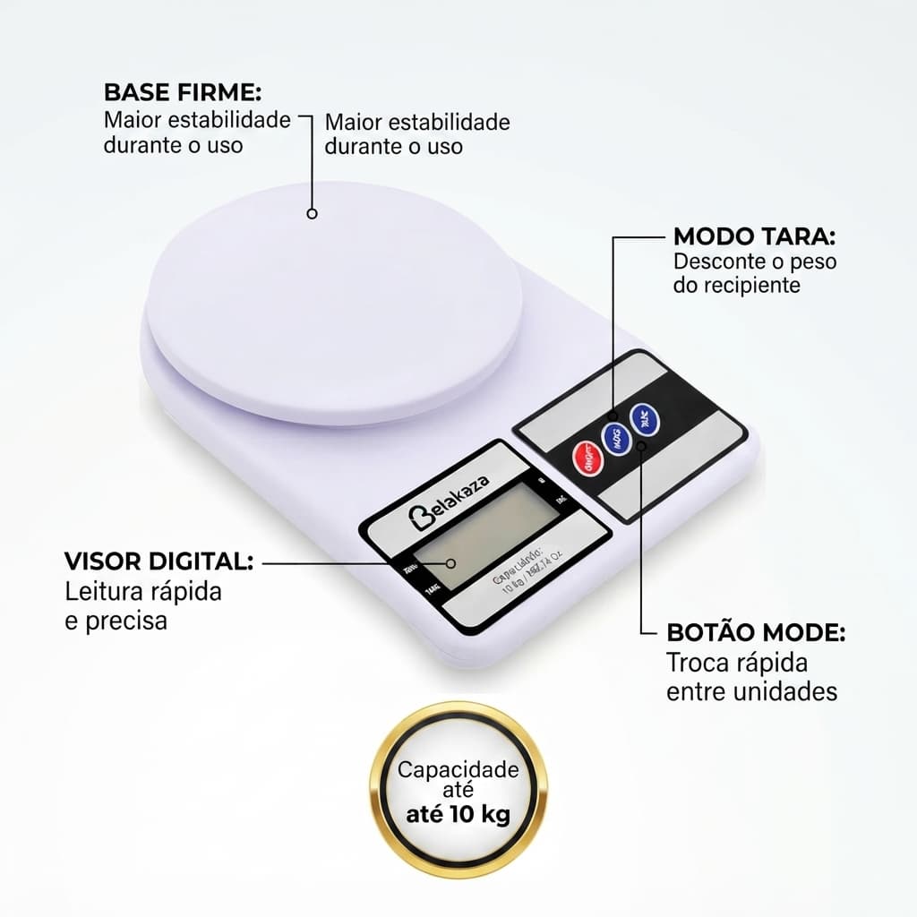 Balança Digital de Cozinha 10kg Precisão 1g Fitness Dieta Emagrecimento Painel Digital Função Tara