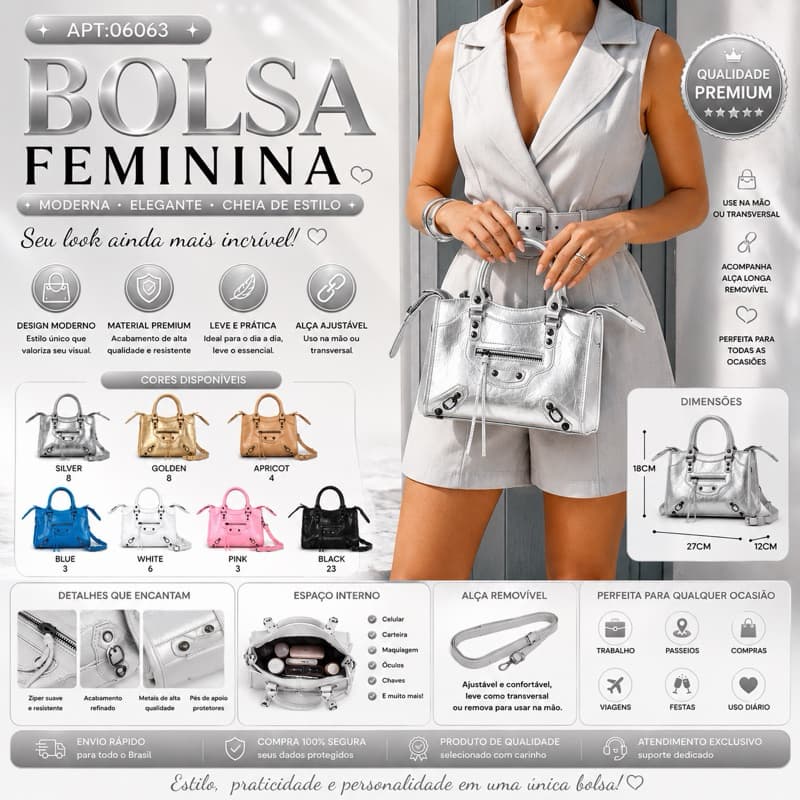 BOLSA FEMININA PREMIUM  Elegância, Estilo e Praticidade para o Dia a Dia 06063