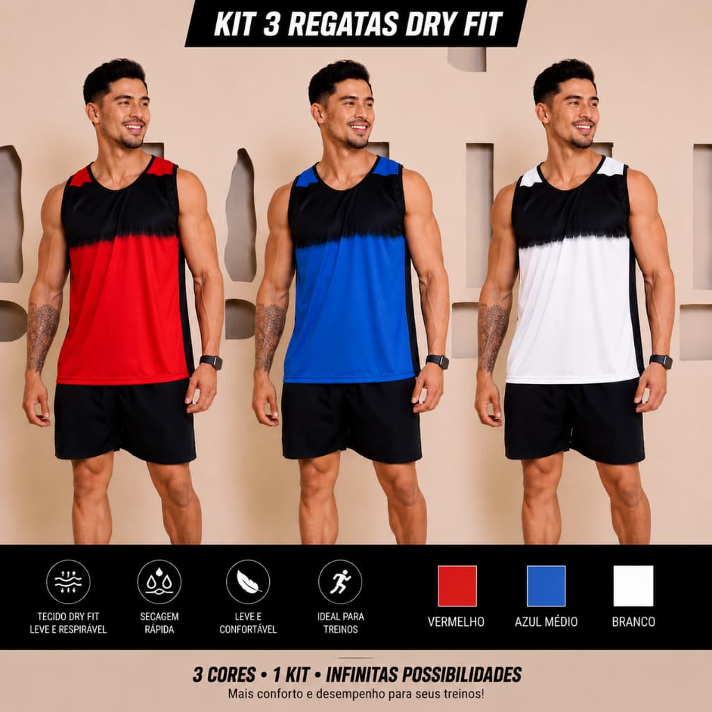 kIT 3 Peças Regatas-Camisetas Masculina Basica Dry-Fit SublimaçãoTam M-GG Esportivo-Verao