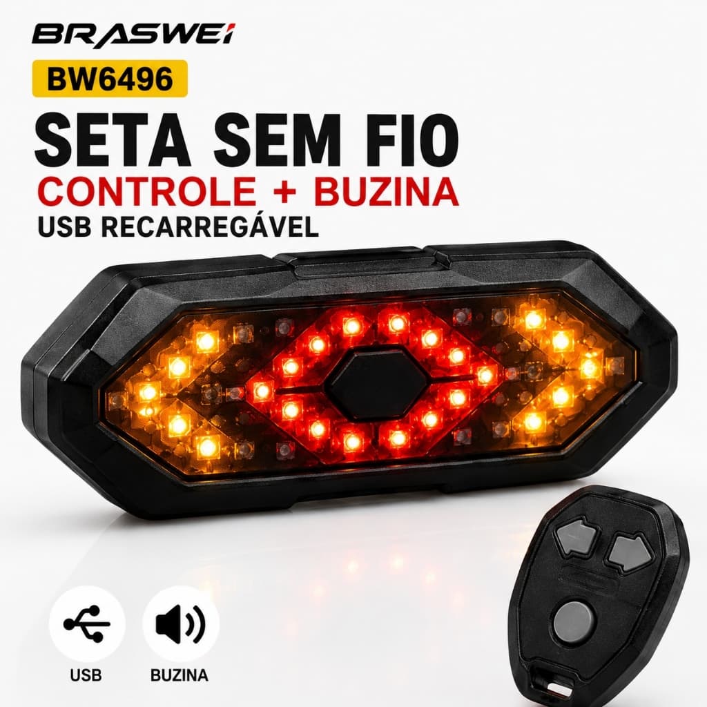 Lanterna Traseira Bike com Seta, Controle Remoto Sem Fio, Buzina, 5 Modos USB Recarregável BRASWEI BW6496