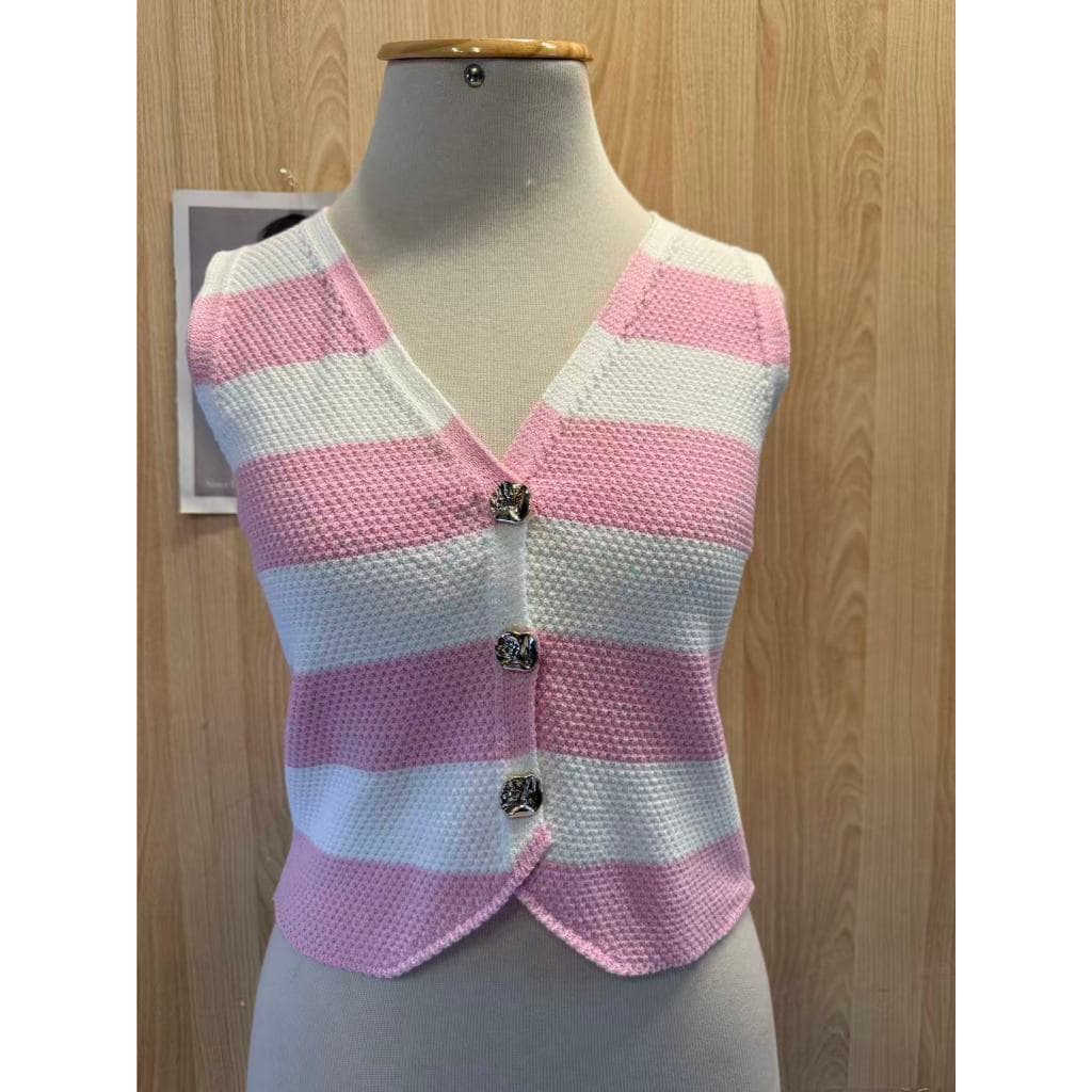Colete Tricô Listrado Feminino Decote V Curto Com Botões Elegante Sem Mangas