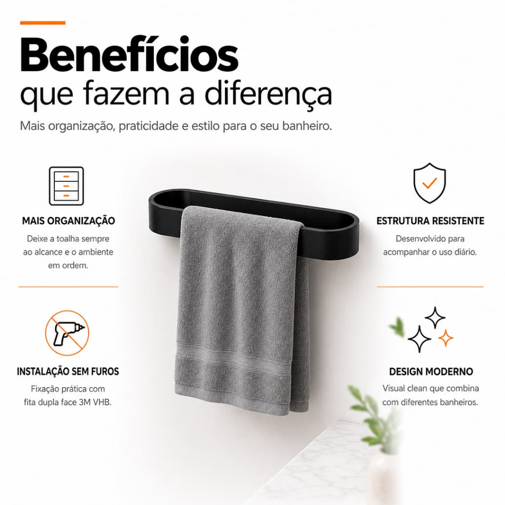 Porta Toalha Para Banheiro Sem Furo Com Suporte De Adesivos Multiuso Resistente Moderno Fácil
