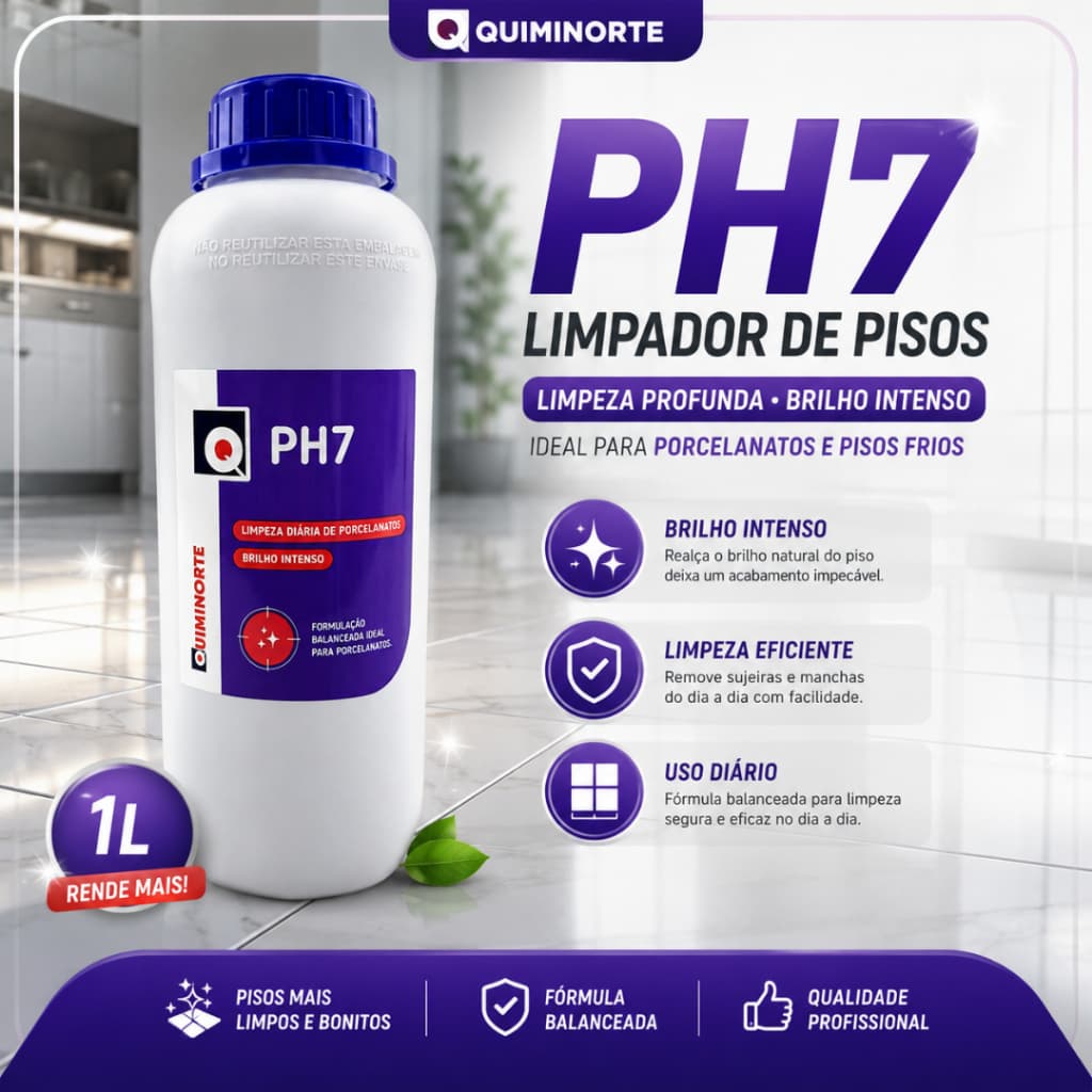 Limpador de Piso Porcelanato PH7 Limpeza Profunda 1L Pisos Cerâmicas Vinílicos Laminados Granito