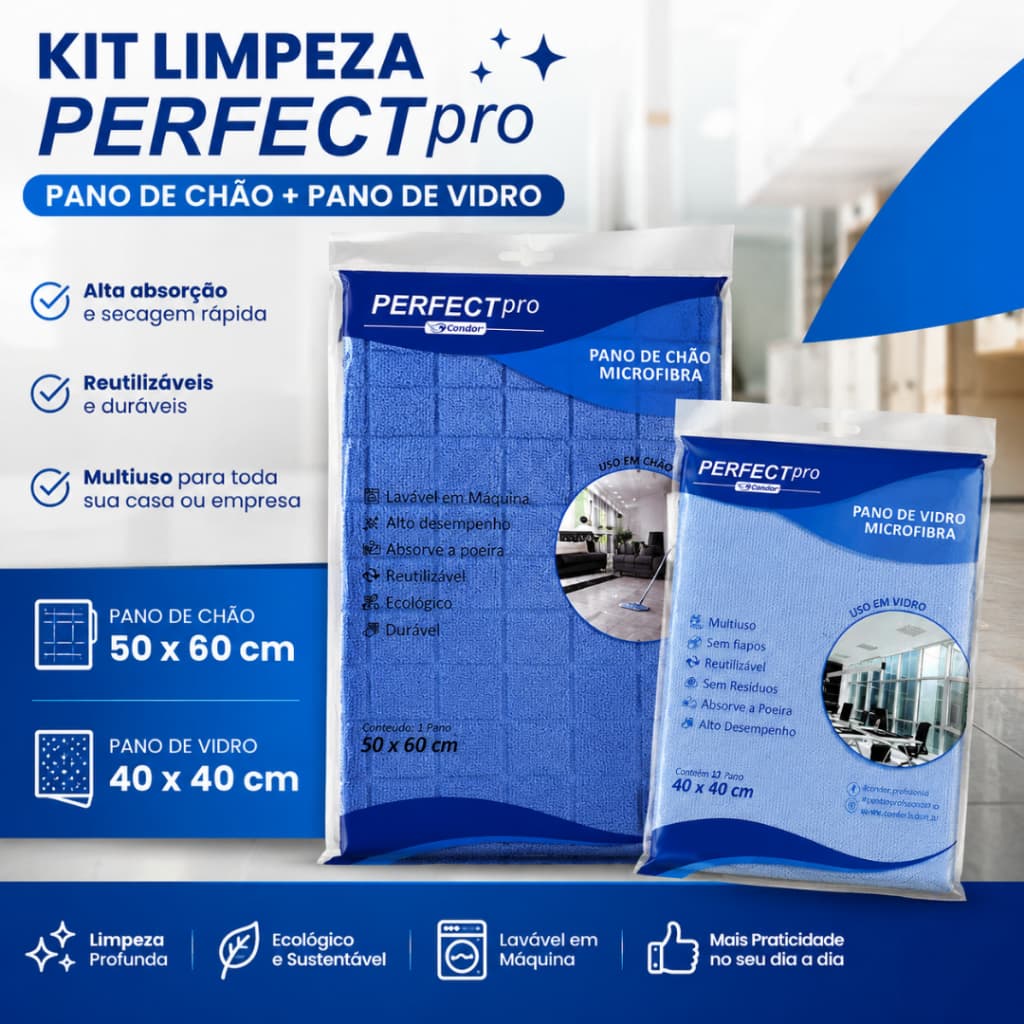 Kit Limpeza Pano de Chão 50x60cm + Pano de Vidro 40x40cm Perfect Pro Microfibra Alta Absorção