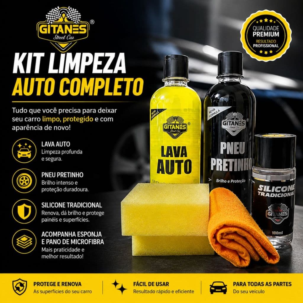 Kit Limpeza Automotiva Lavagem Carro Shampoo, Pretinho e Silicone