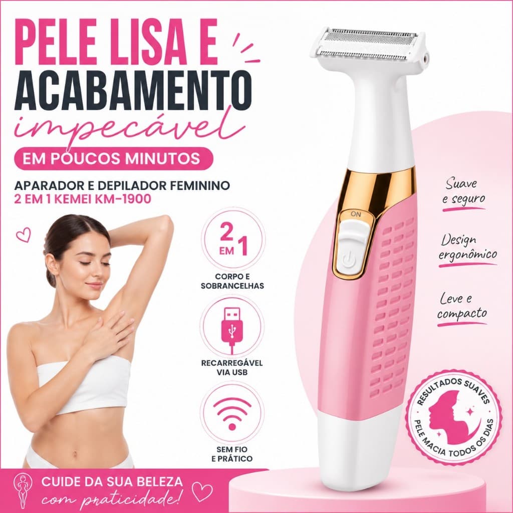 Aparador e Depilador Feminino Kemei KM-1900 2 em 1 Recarregável USB Sem Fio Corpo Rosto Sobrancelha