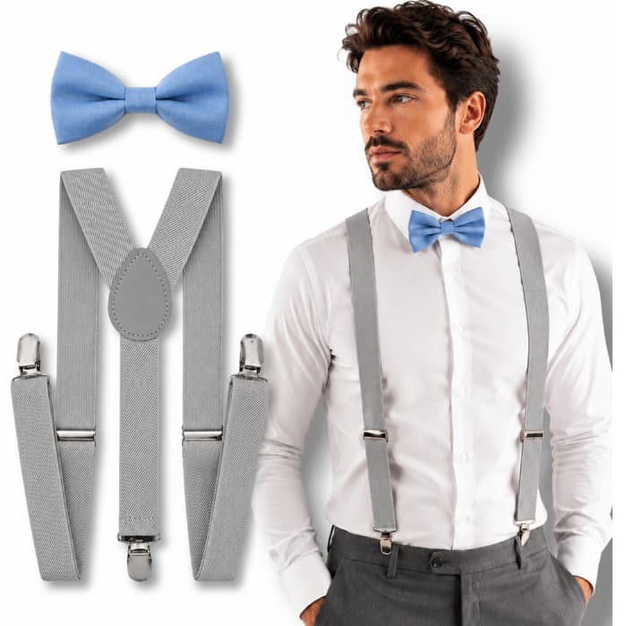 Kit Suspensório Cinza Claro com Borboleta Azul Serenity Adulto Ajustável para Padrinhos e Noivo