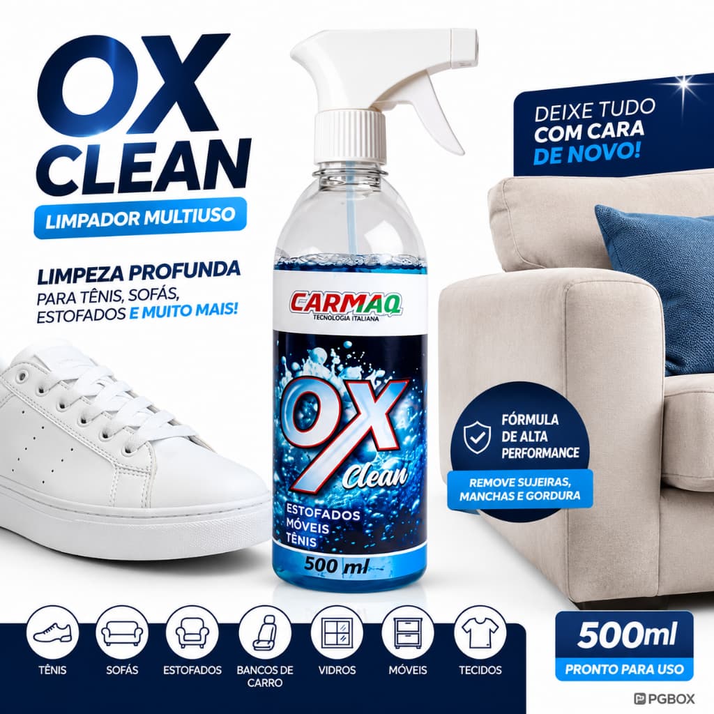 Limpador Multiuso OX Clean 500ml Limpa Tênis Branco Sofá Estofados Bancos Tecidos Spray