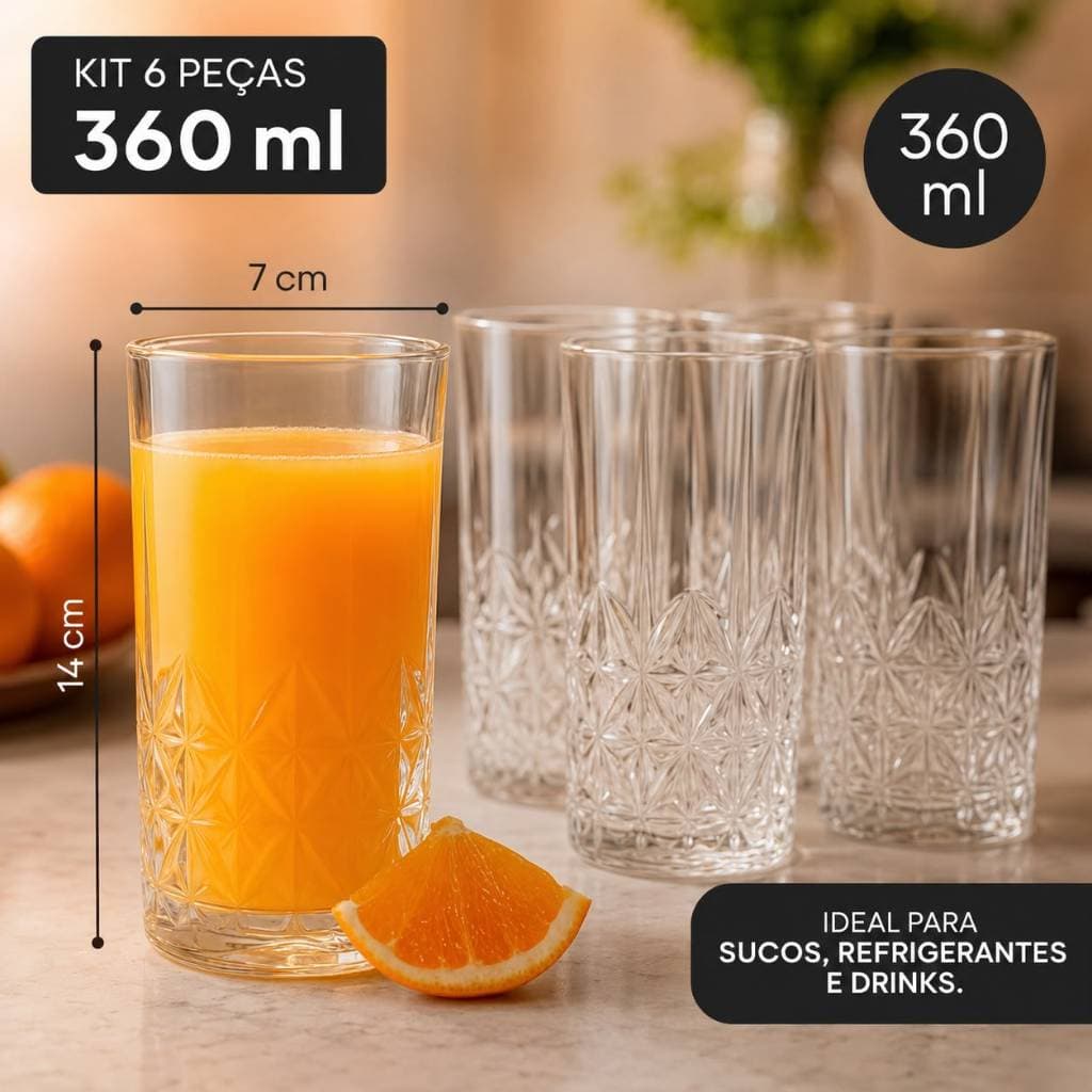 Jogo de Copo 6 Copos 14x7 Vidro Lapidado 360ml Ônix Água Suco Refrigerante Drink Luxo
