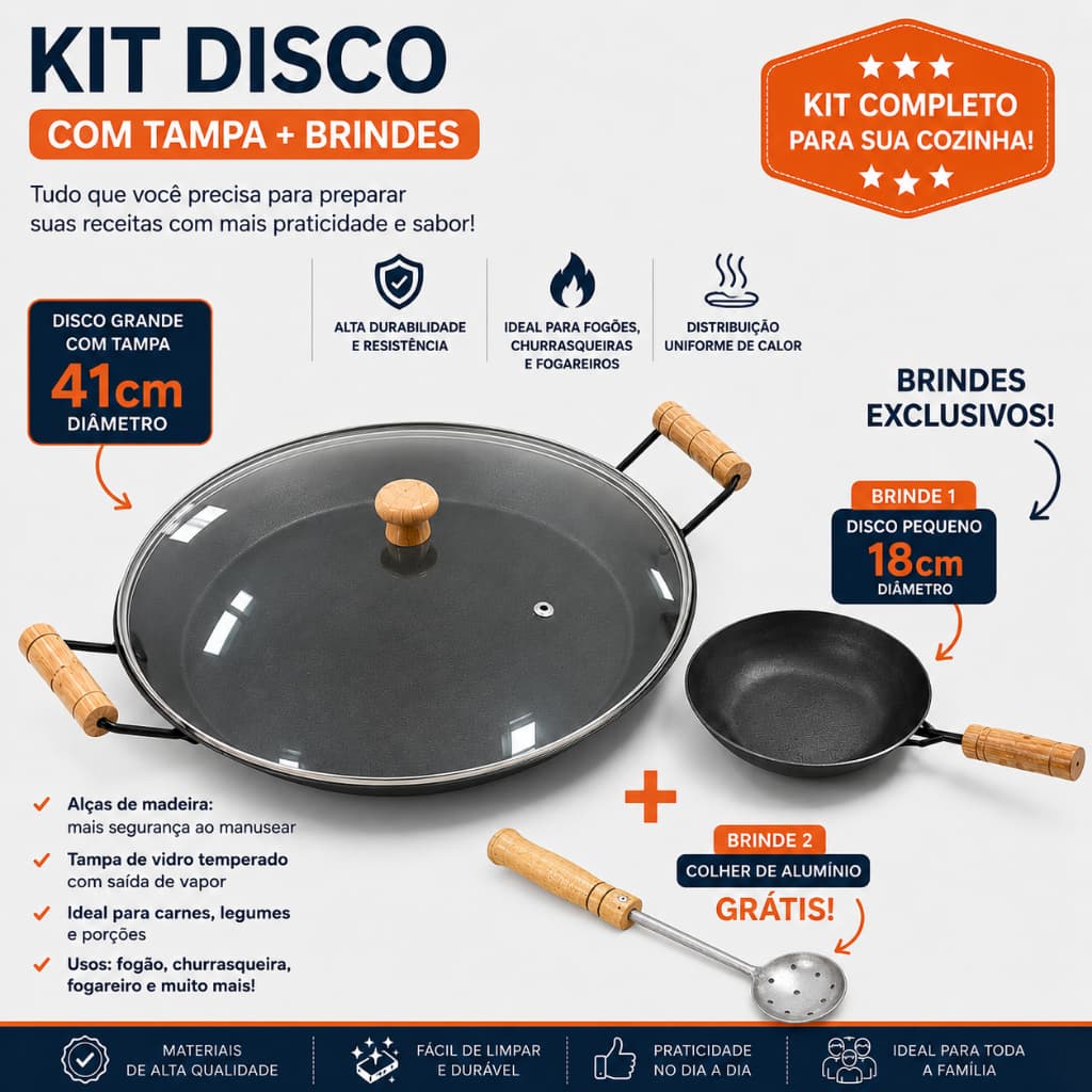 Kit Disco de Arado 41cm Aço Carbono + Disco 18cm e Colher Brinde | Com ou Sem Tampa