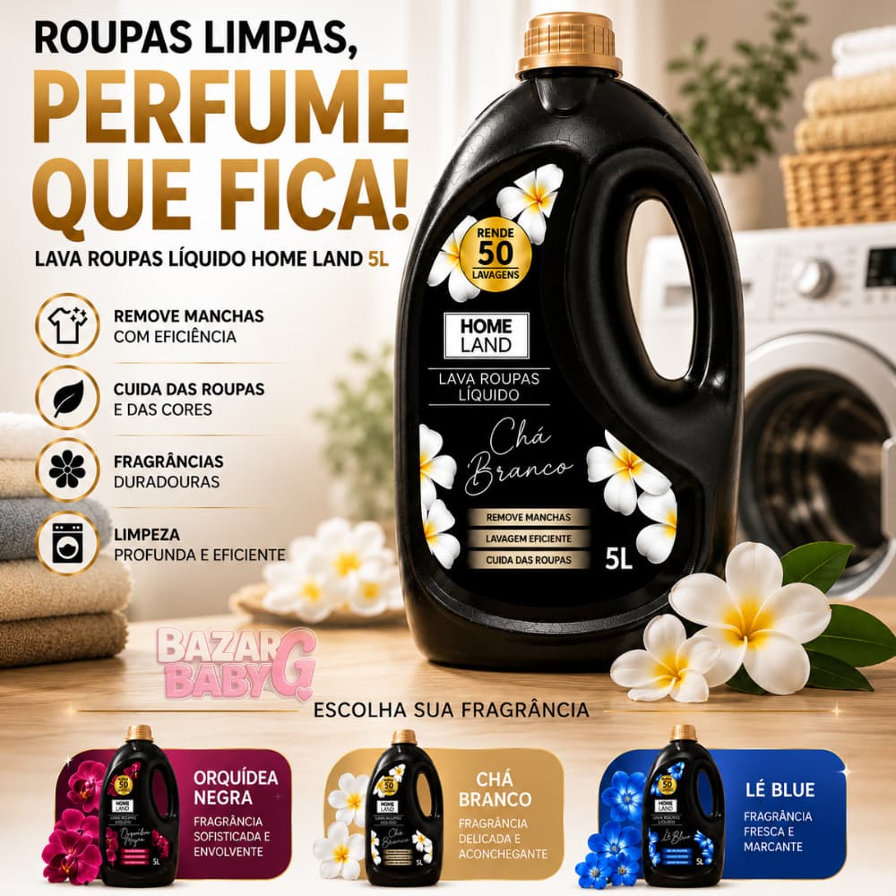 Sabão Líquido Home Land 5L  Lava Roupas 50 Lavagens Perfume Duradouro Alta Limpeza