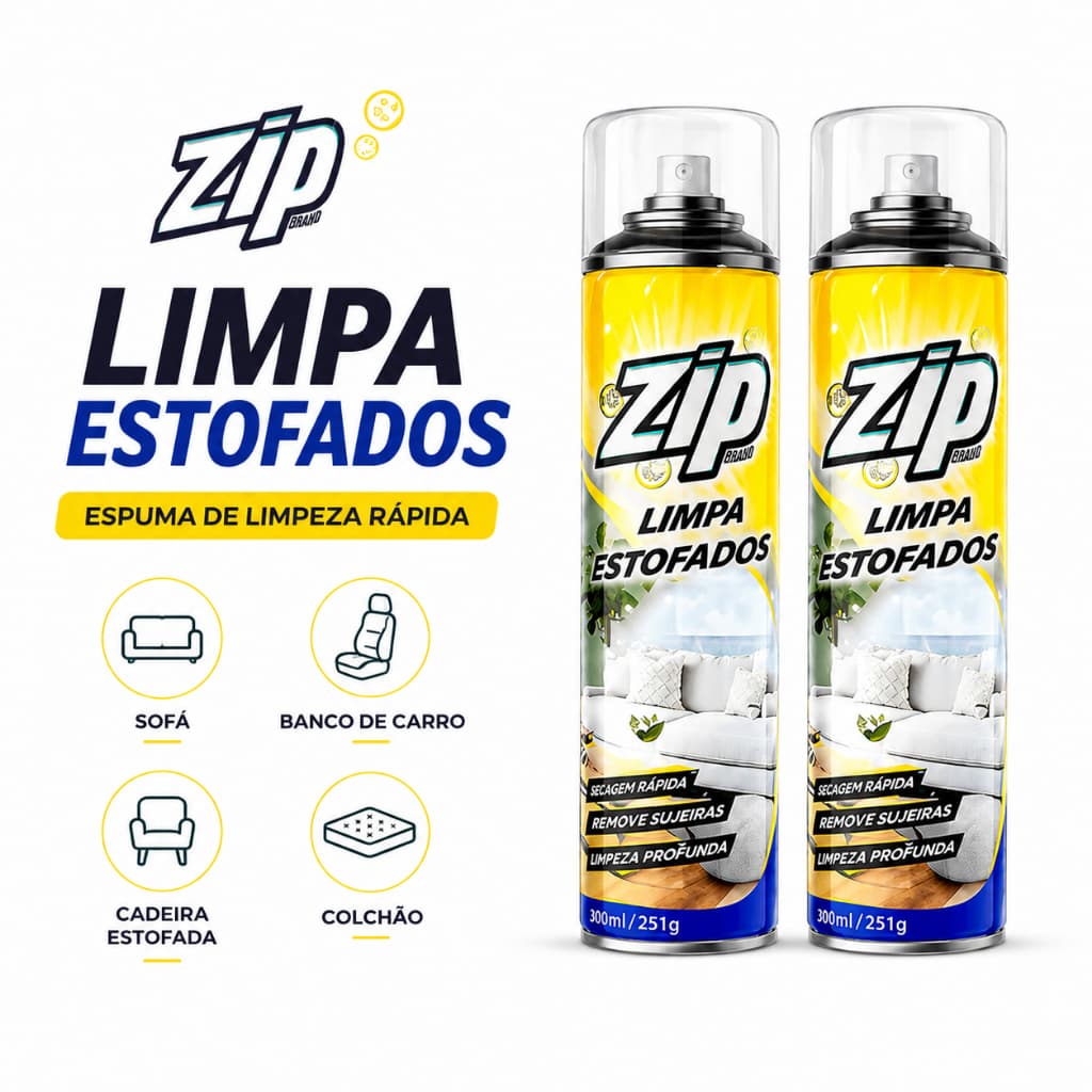 Kit 2 Espuma Spray Zip 300ml Limpa a Seco Sofá, Estofado, Banco de Carro Limpeza Profunda Remove Manchas