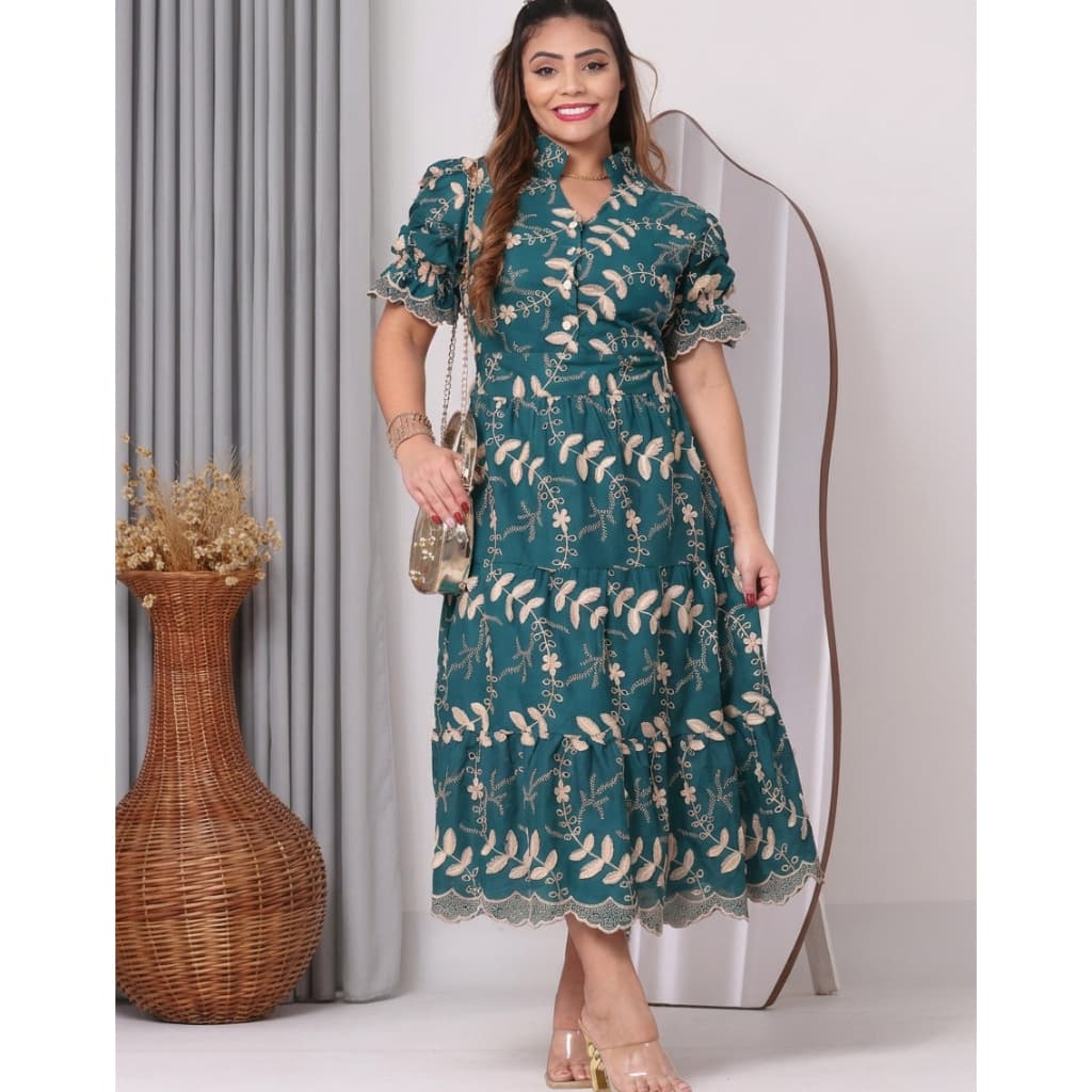 Vestido MIDI premium bordado com gola tecido layze 3d e liso com botão funcional e forro tendência