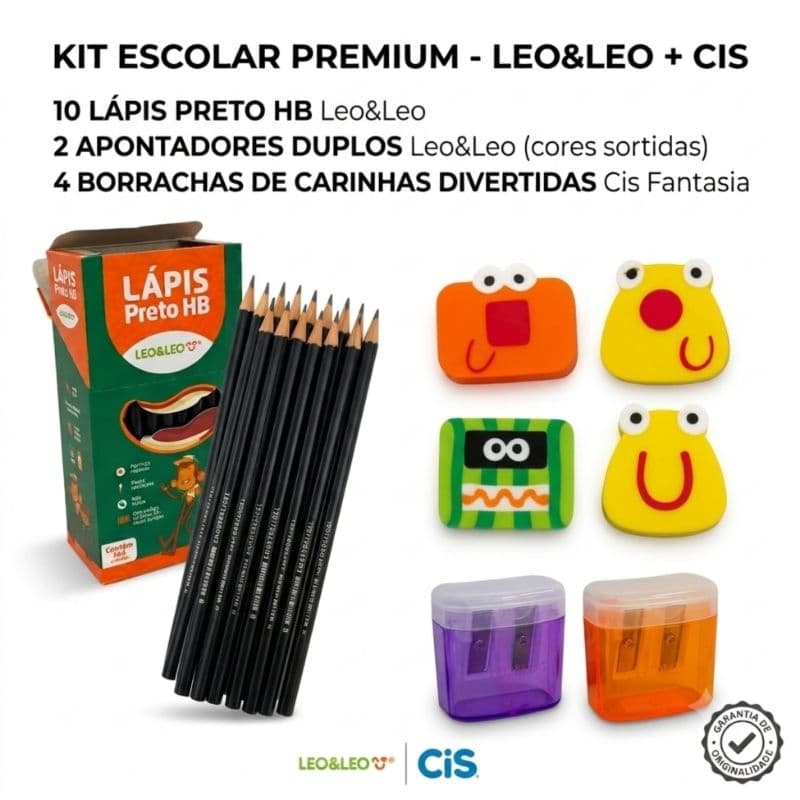 Kit Escolar Leo&Leo: 10 Lápis Preto HB escrever + 2 Apontador Duplo + 4 Borracha Colorida Infantil