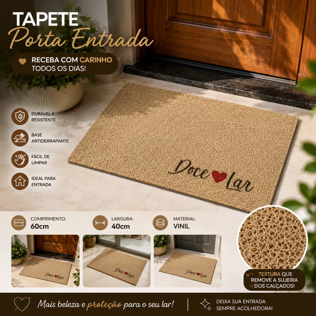 Tapete Porta de Entrada Vinil Decorativo Doce Lar 60x40cm Antiderrapante e Fácil de Limpar
