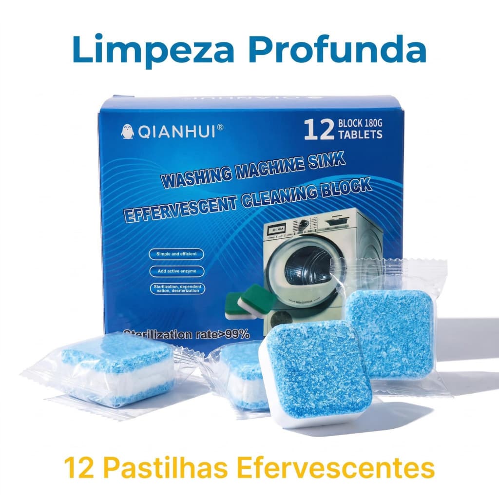 Limpador para Máquina de Lavar 12 Comprimidos Efervescentes  Remove Manchas Odores Ação Profunda-E10