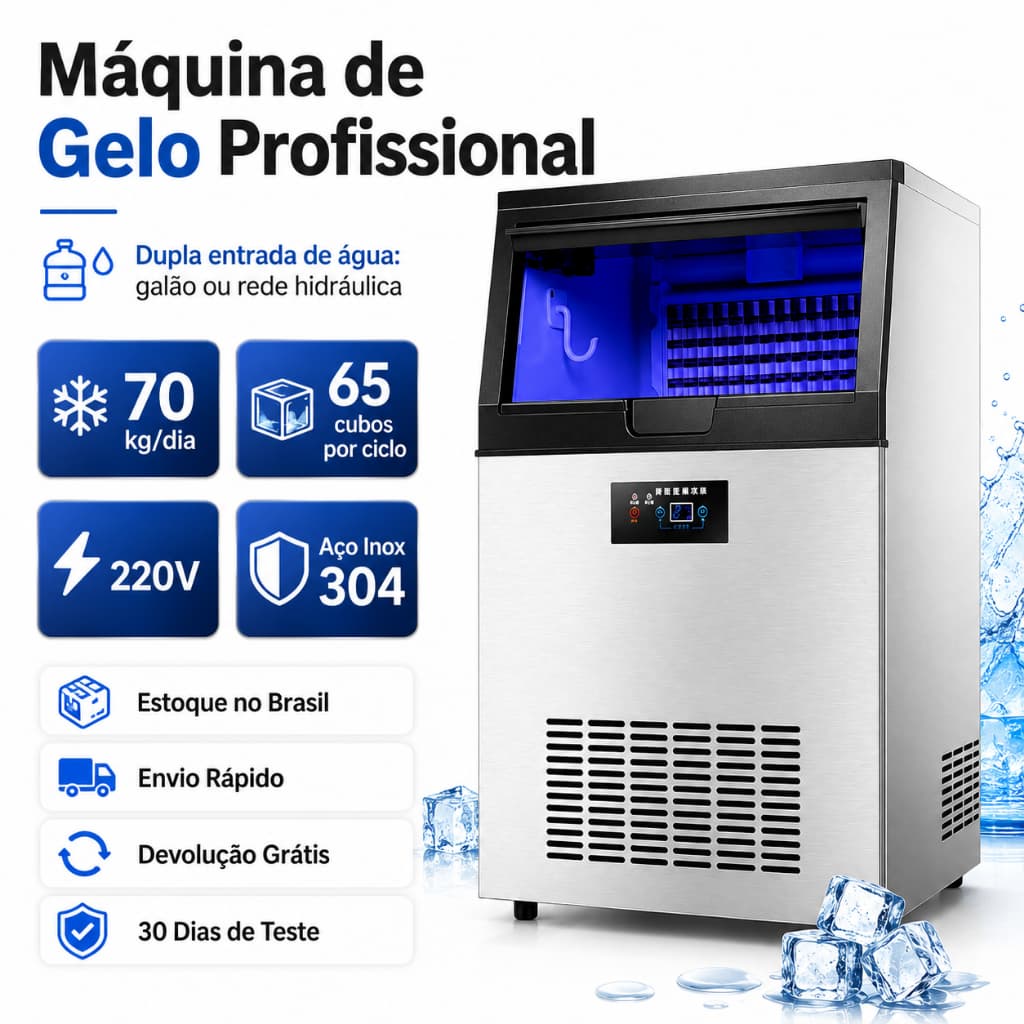 Máquina de Gelo Profissional 70kg Dia 220V 65 Cubos Aço Inox 304 Dupla Entrada de Água