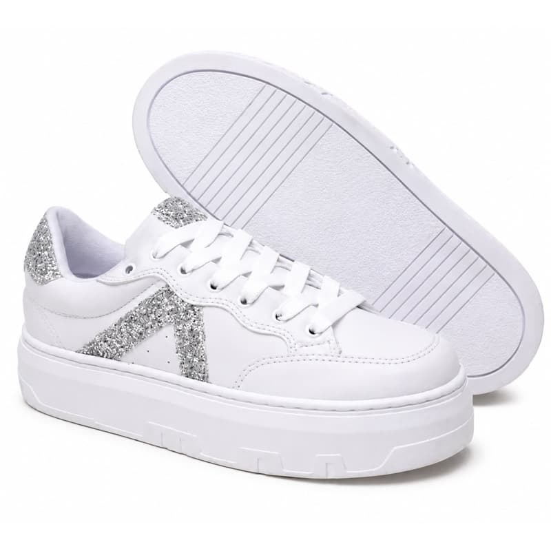 Tênis Casual Branco Feminino Masculino Conforto Premium Academia Original brilho prata