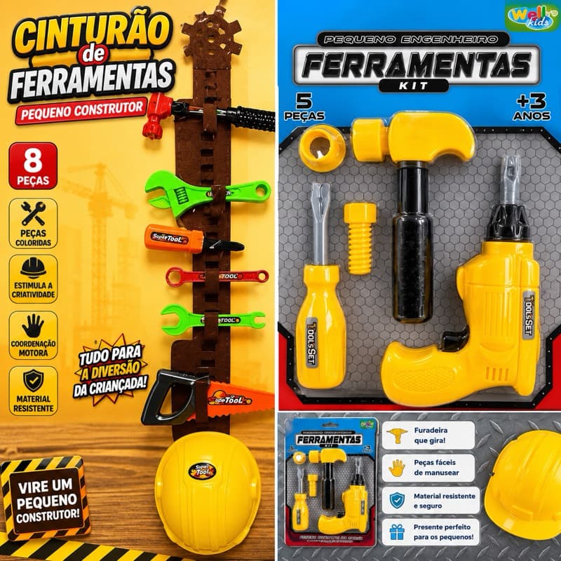 Kit Ferramentas Infantil Brinquedo 5 ou 8 Peças com Furadeira Cinturão Capacete Pequeno Engenheiro