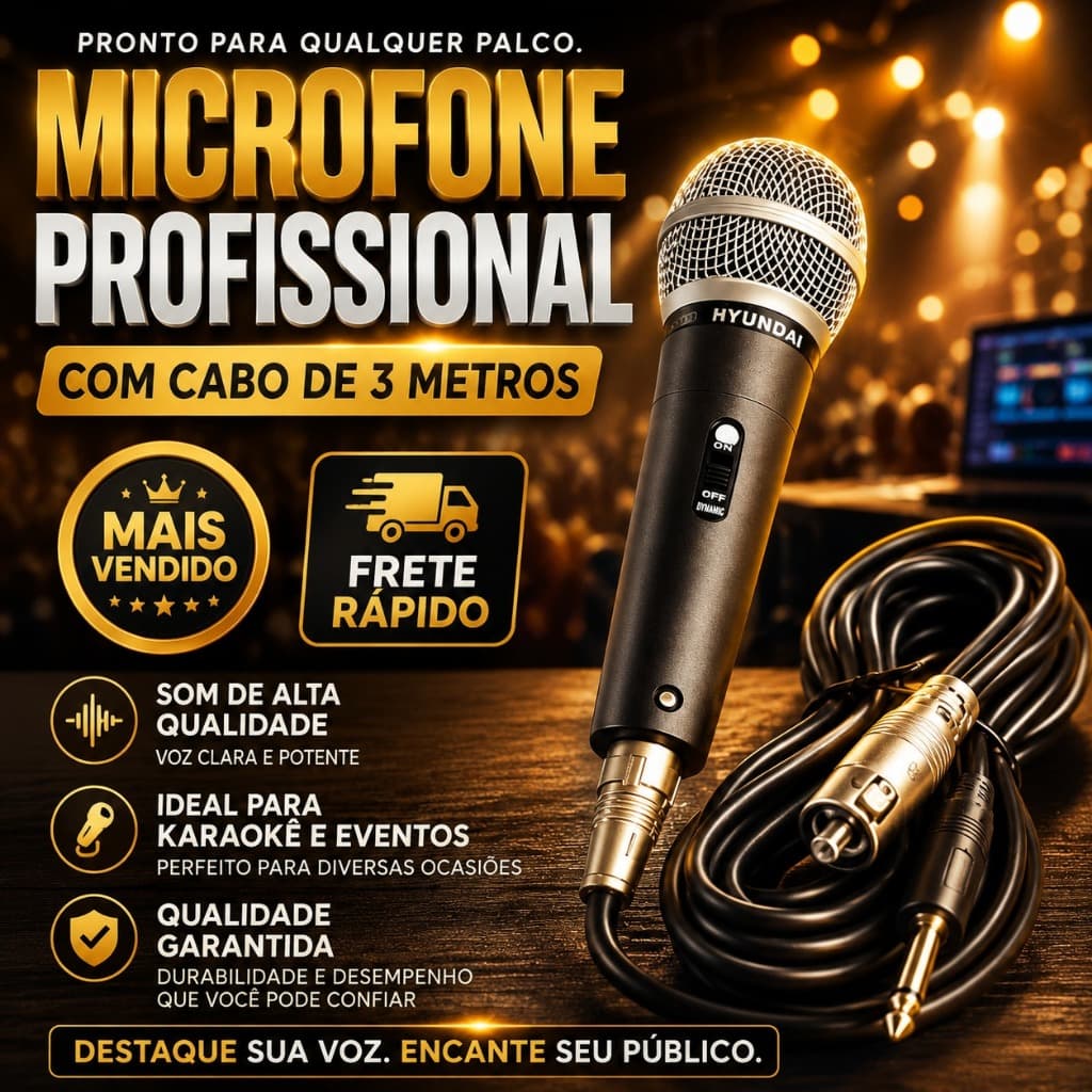 Microfone Profissional Dinâmico 58 com Cabo P10 – Ideal para Voz e Eventos Karaokê e para Igreja