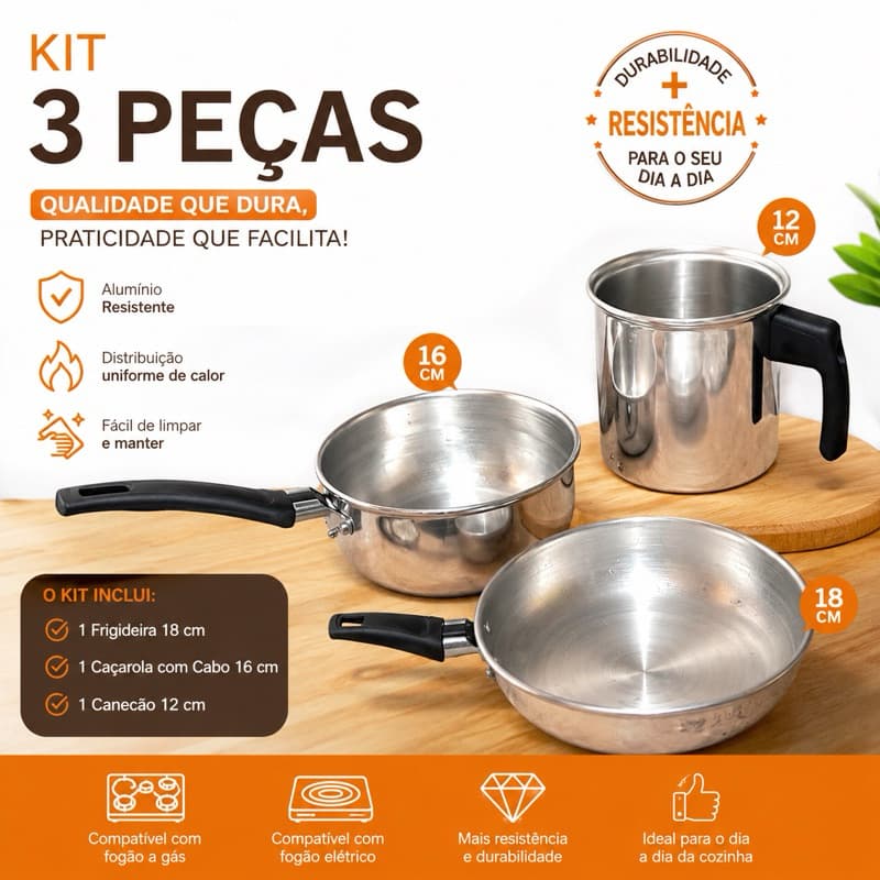 Kit Panelas Alumínio Polido 3 Peças Frigideira 18cm + Caçarola com Cabo 16cm + Canecão 12cm Resistente Cozinha
