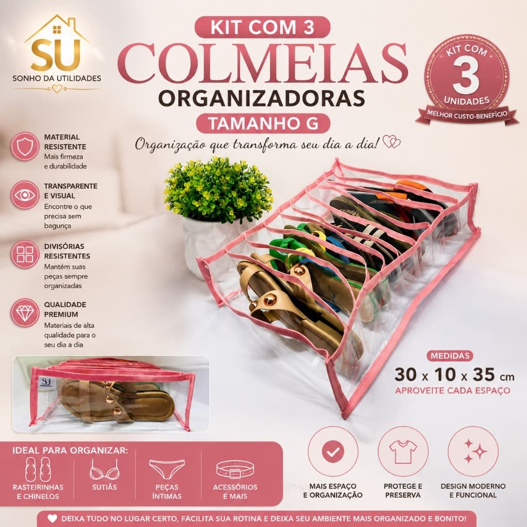 Kit com 3 Colmeias Organizadoras Tamanho G Rosa - SU Sonho da Utilidades