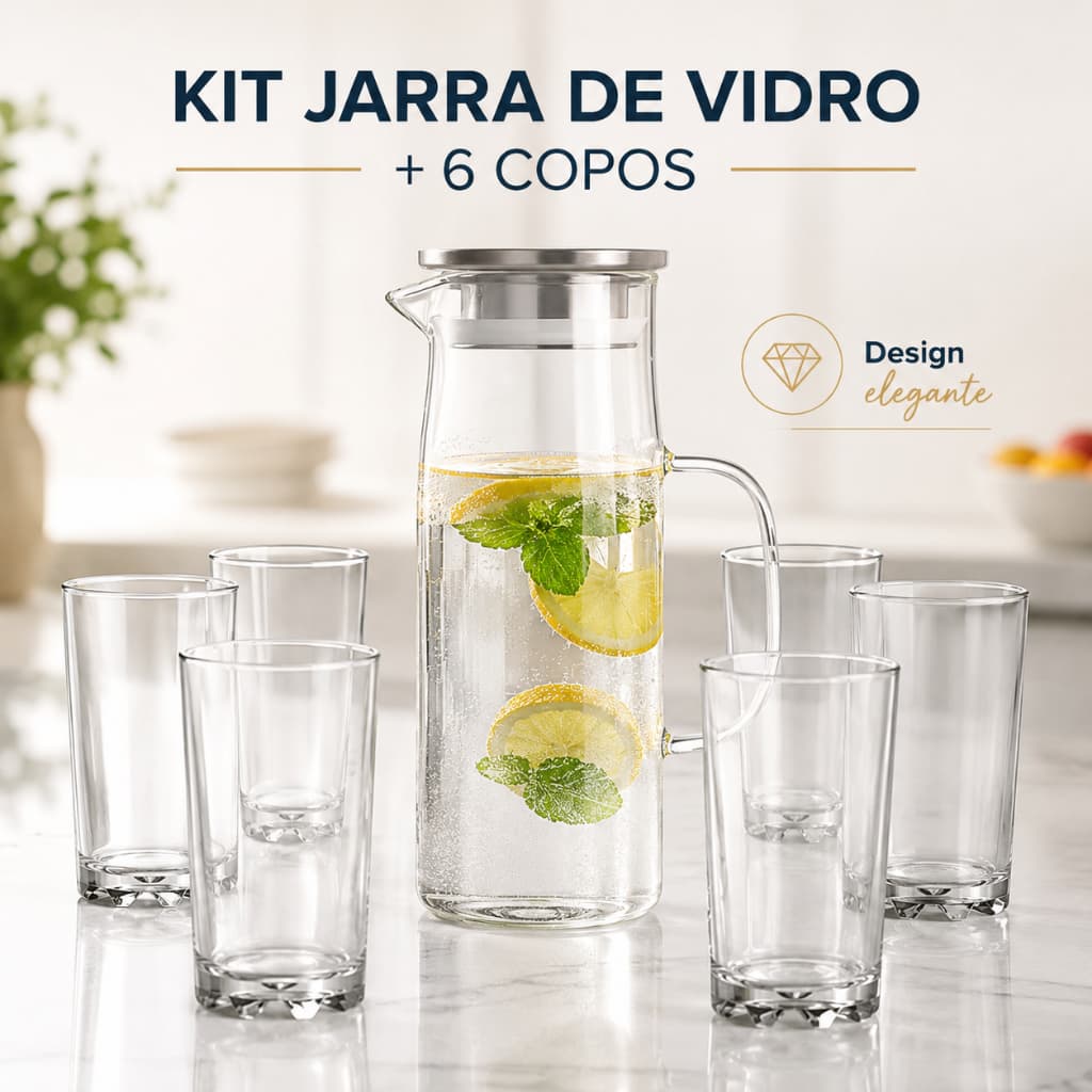 Kit Jarra de Vidro Tampa Inox + 6 Copos De Vidro 300ML Conjunto Mesa Pronta Agua Suco chá transparente