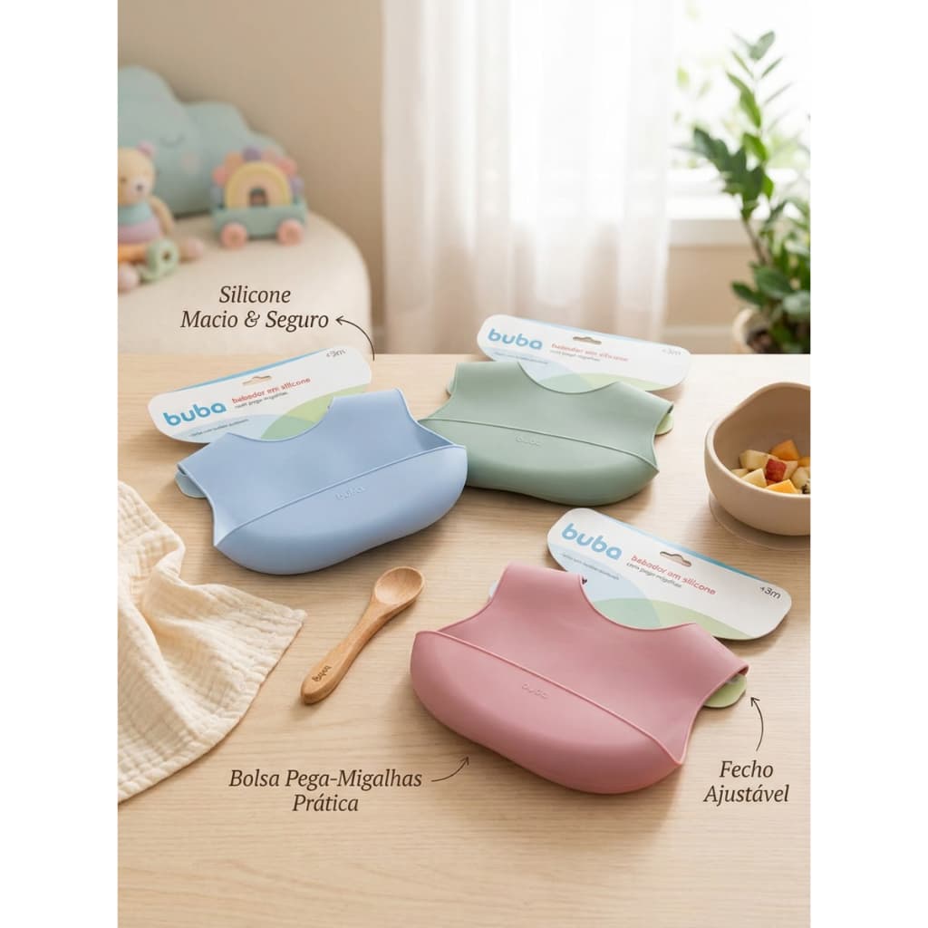 Babador Pega-Migalhas Buba em Silicone para Bebê 3M+ Livre de BPA