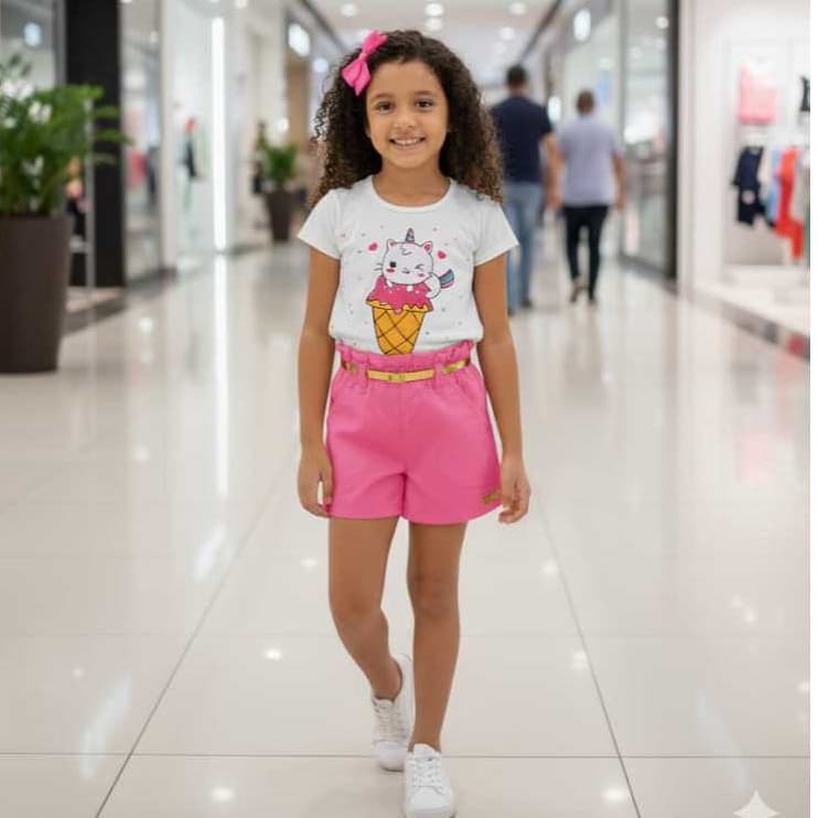 Conjunto infantil menina blogueira luxo shorts  com bolso + bolsa .