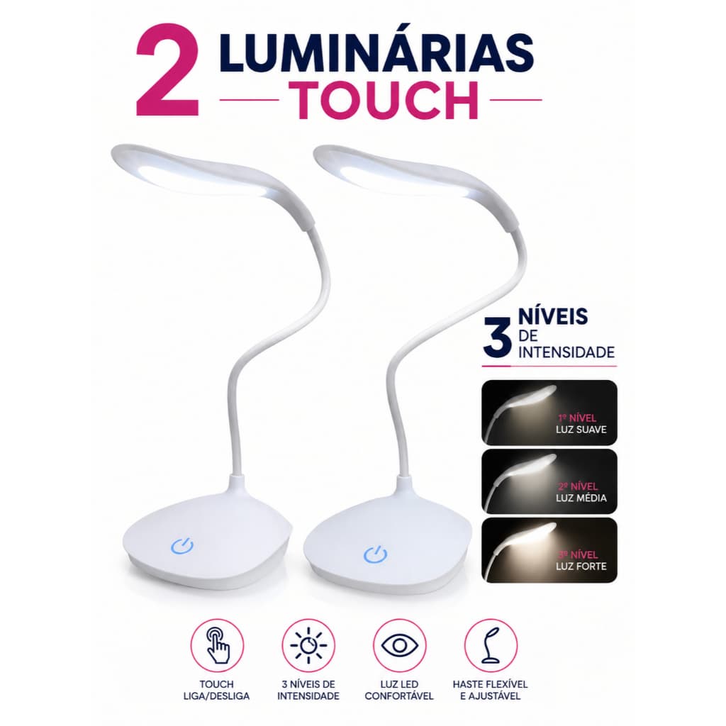 2 Luminárias de Mesa Touch 3 Níveis de Intensidade Luz Branca USB