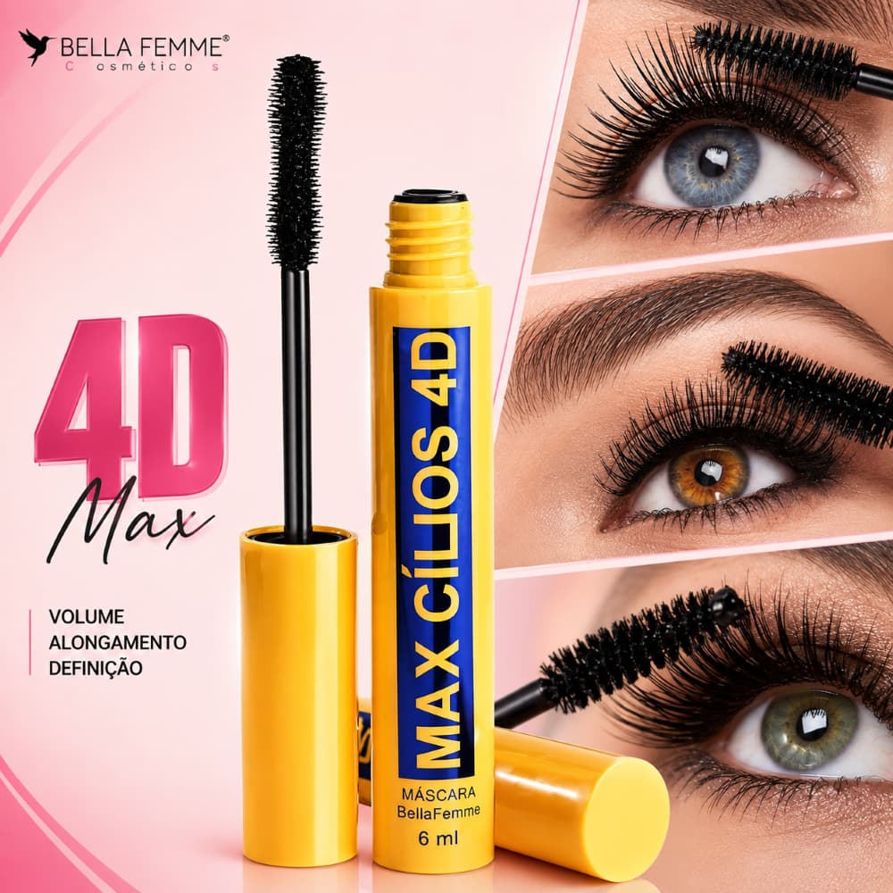 Máscara de Cílios 4D Bella Femme Max Cílios Super Volume Alongamento  Longa Duração