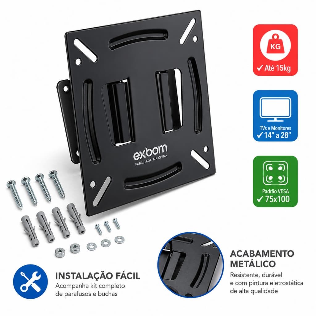 Suporte Universal Fixo para TV e Monitor 14 a 28 Polegadas VESA 75x75 100x100 Até 15kg Parede em Aço