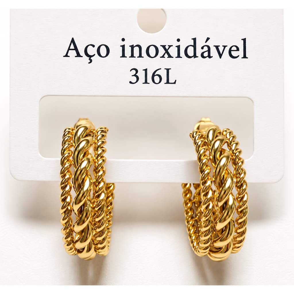 Brinco Argola Trançada Dourada em Aço Inoxidável 316L | Elegante e Moderna