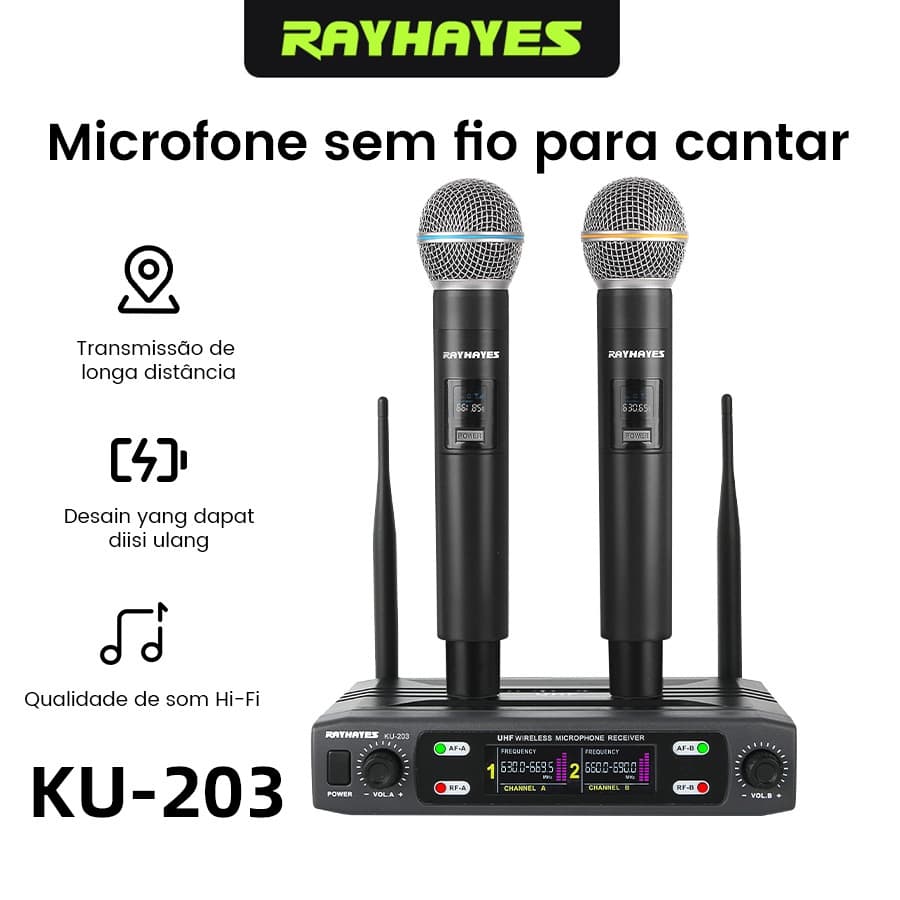 Microfone Sem Fio UHF Duplo KU-203 Sistema 2 Canais Profissional para Karaokê Palco Palestra Com Receptor Recarregável
