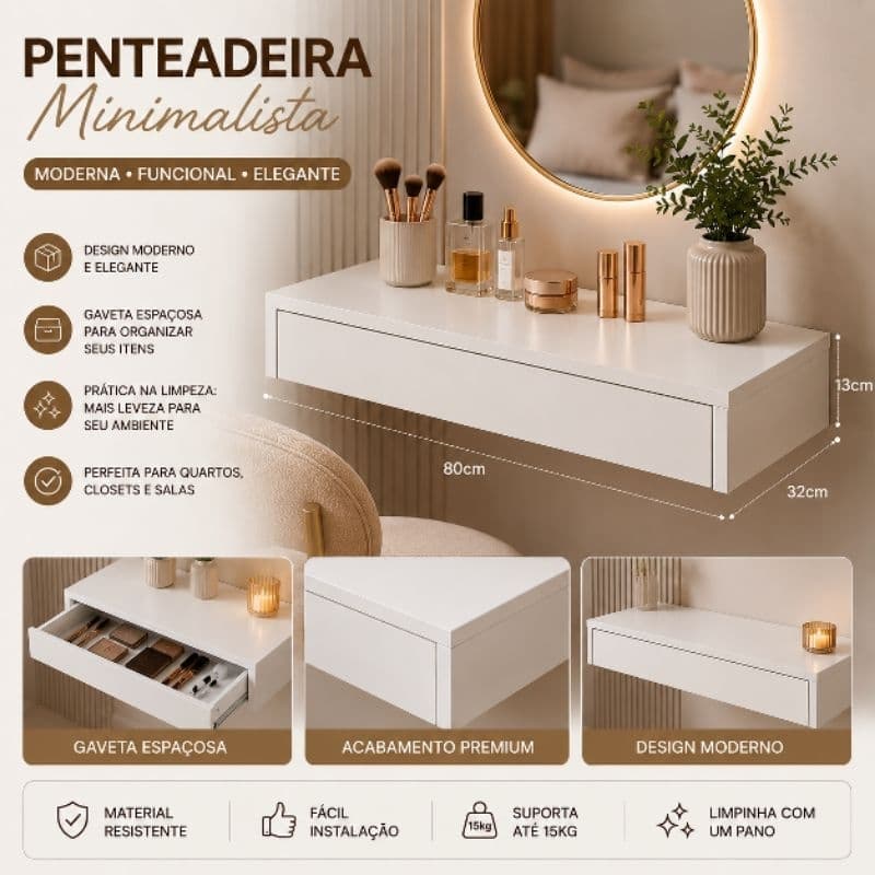 Penteadeira Suspensa 80cm Gaveta MDF Branca Mesa de Parede Compacta Home Office Moderna
