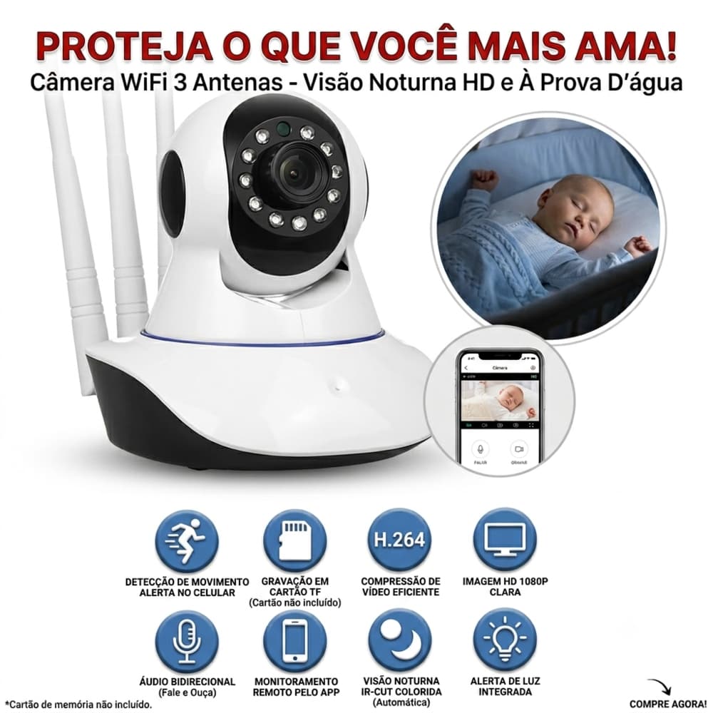 Câmera IP WiFi 360° Babá Eletrônica Visão Noturna Áudio Bidirecional Yoosee