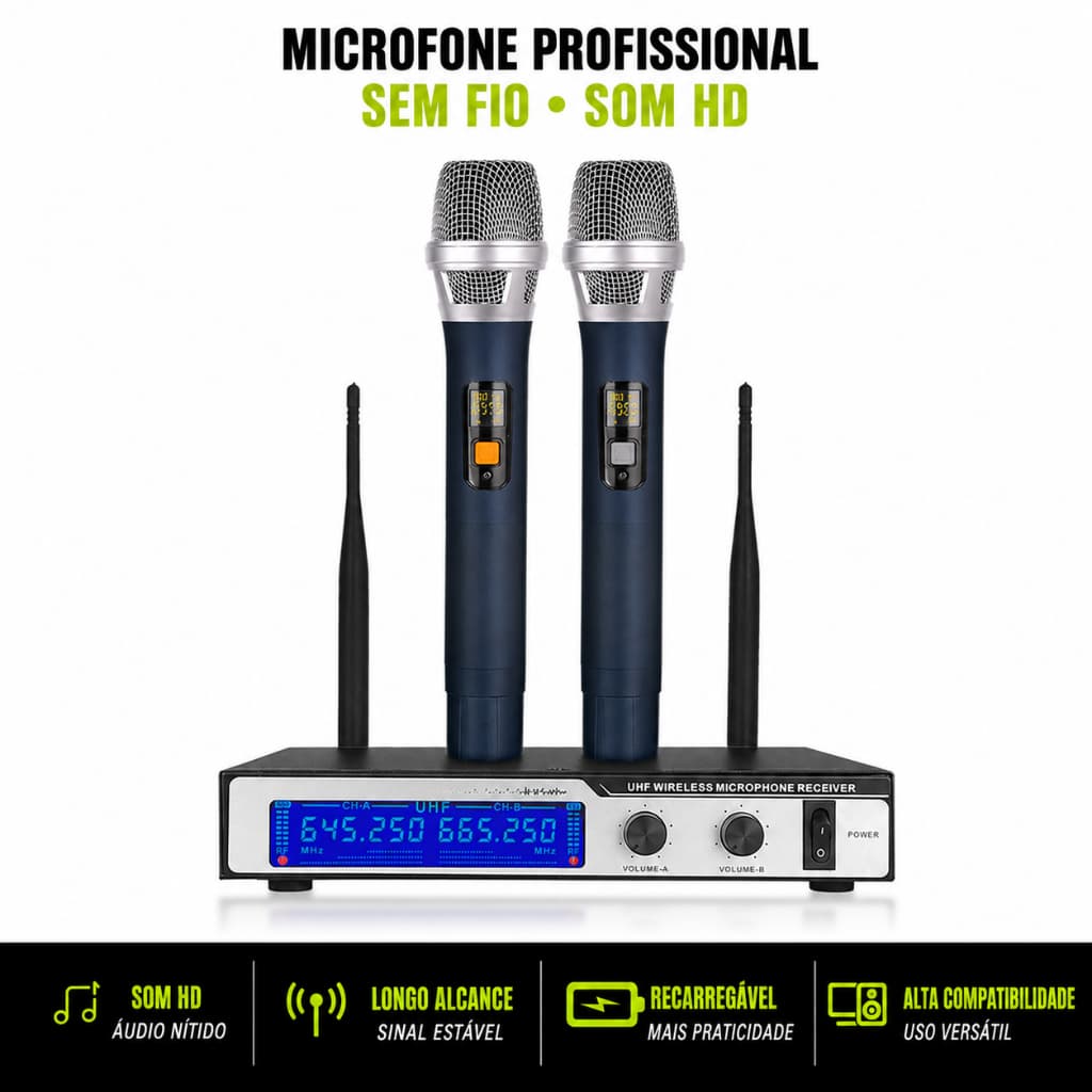 Microfone Sem Fio RAYHAYES UHF 2 Unidades Transmissão 80m Carregável Metálico para Karaokê