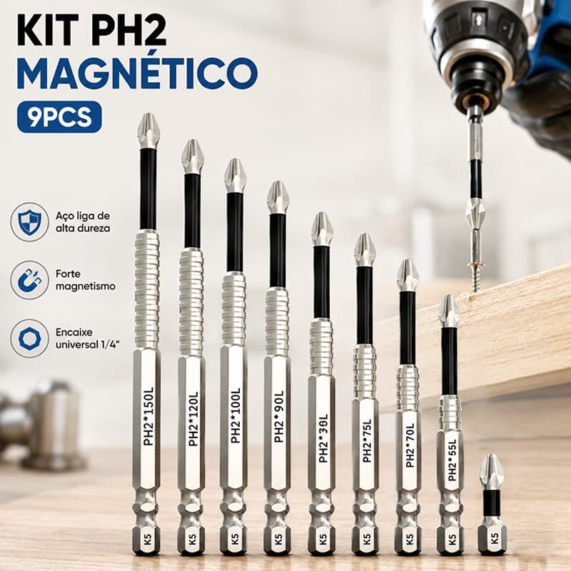 Conjunto 9 bits PH2 magnéticos liga S2 anti-impacto, pontas antiderrapantes compatíveis com parafusadeira de impacto