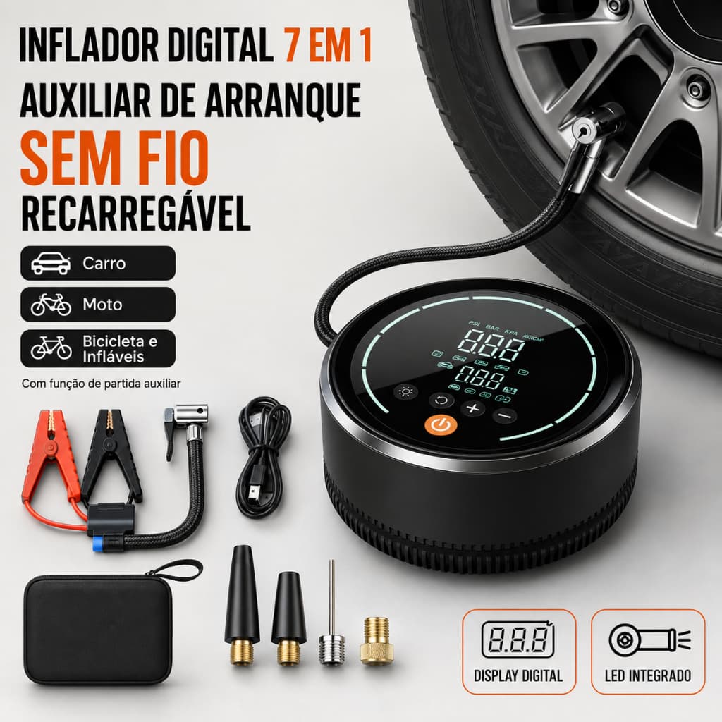 Inflador de Pneus Portátil 7 em 1 + Dispositivo Auxiliar de Arranque com USB Digital Recarregável