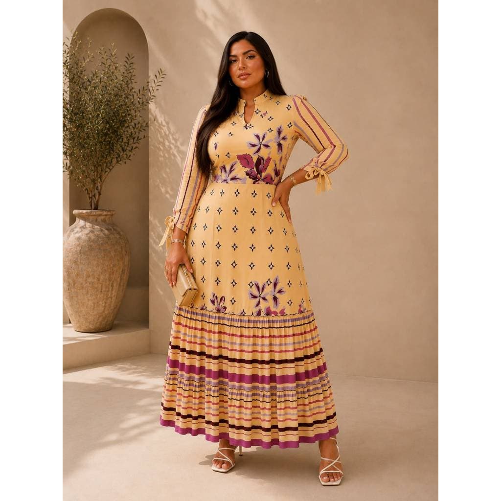 Vestido Glória Longo Feminino em Malha Fluity Estampado Cor Amarelo Mostarda – Manga 3/4 Elegante