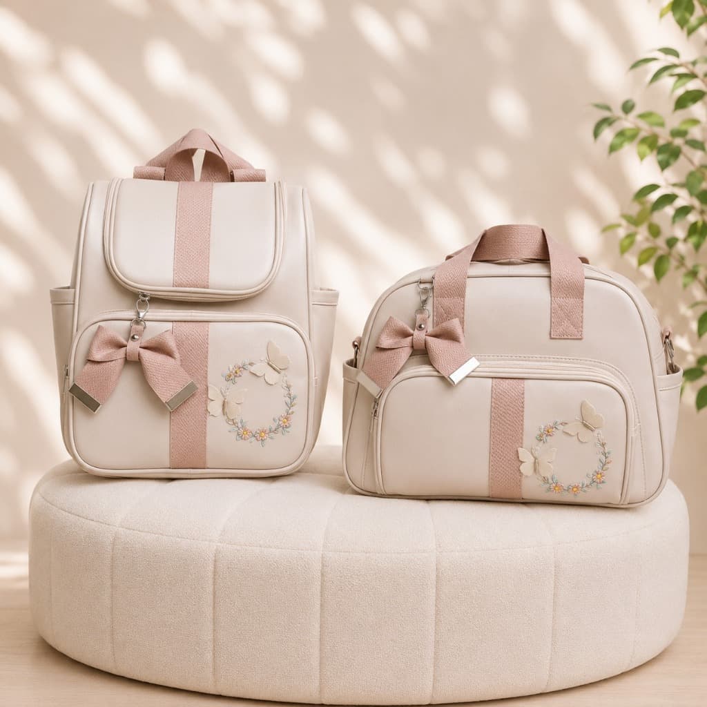 Kit Bolsa de Bebê e Mochila Maternidade Luxo Borboleta Bege/Rosa