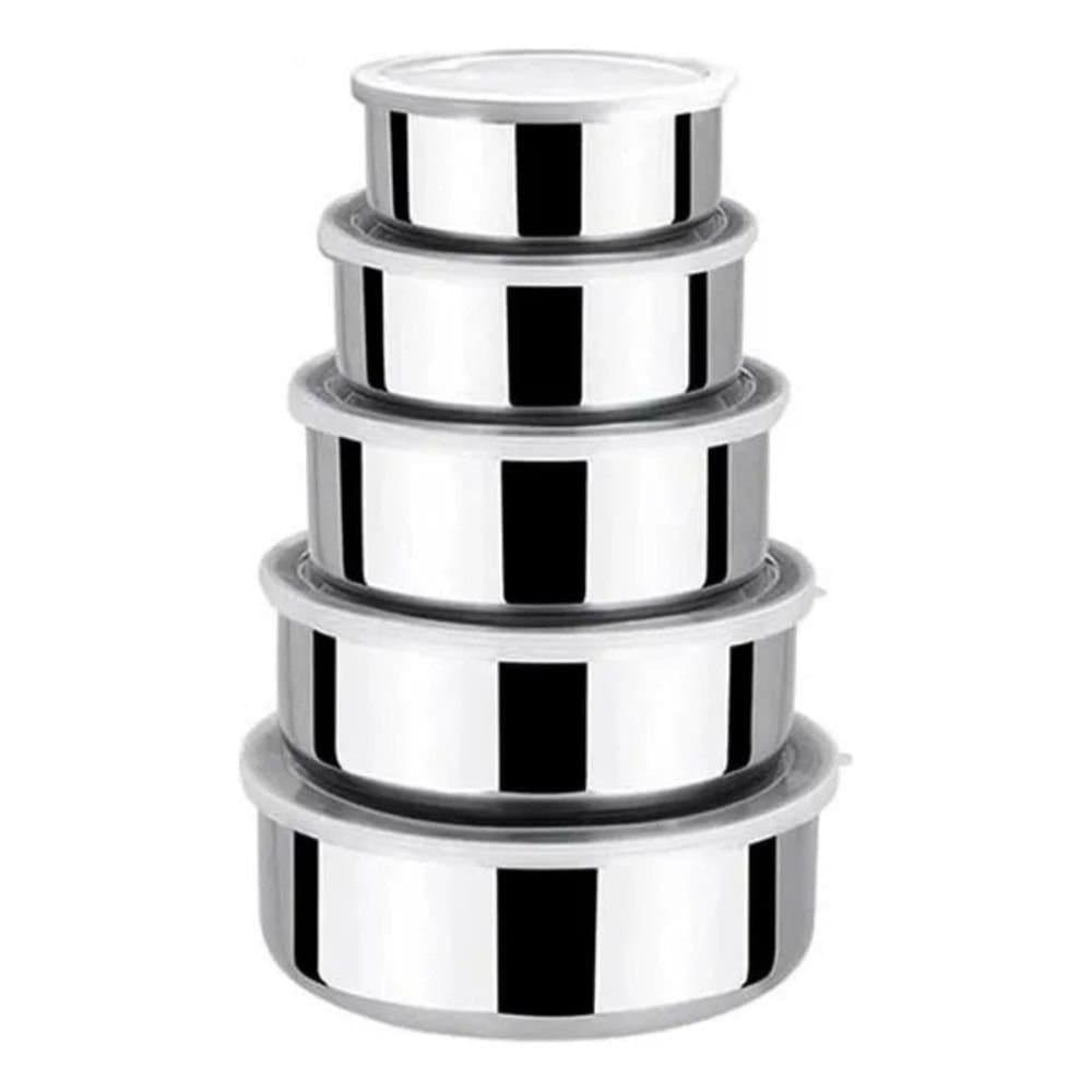 Kit 5 Potes Redondos Inox com Tampas Herméticas Organizador Vasilhas para Cozinha e Geladeira