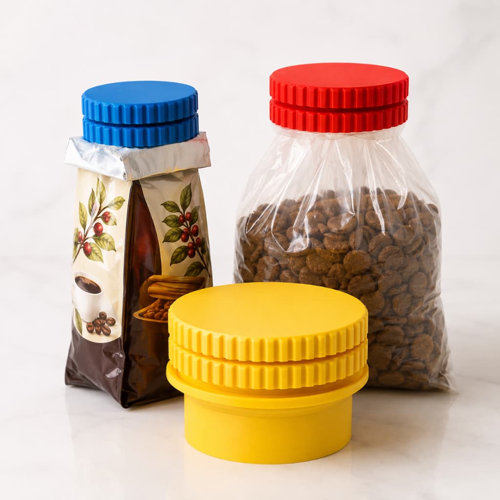 Tampa Rosqueável Pequena 5cm diametro com Clipe para Fechar Sacos de Alimentos e Ração Reutilizável Vedação Hermética