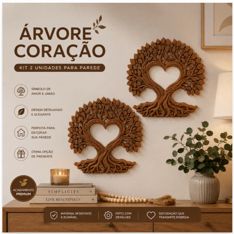 Árvore da Vida Escultura Decorativa com Coração | Escultura 3D para Parede ou Mesa 25 cm
