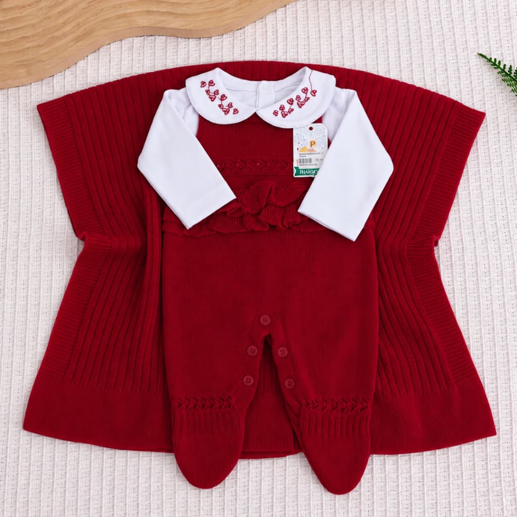 Saída Maternidade Jardineira Ayla Body Gola Bordada Recém-Nascido Kit de Saída Maternidade 3 Peças Meninas
