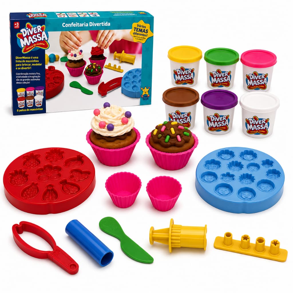 Kit Massinha De Modelar Confeitaria Diver Massa Diver Toys 6 Potes 300g Moldes e Acessórios Forminha Cortador Infantil