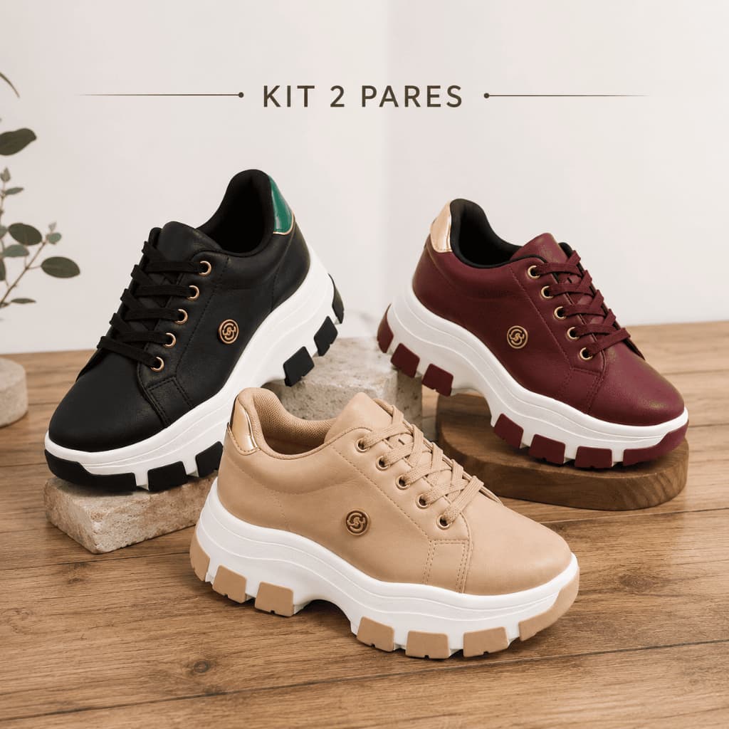 Kit 2 Pares Tênis Casual Feminino Plataforma Casual Leve Macio Resistente Borracha Num. 34 ao 39 boM