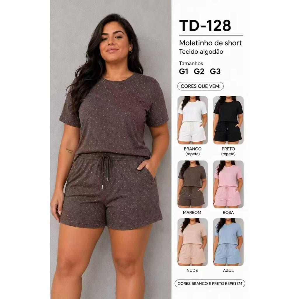 Conjunto moletom curto plus size feminino camiseta manga curta short com bolinhas tecido algodão tamanhos G1 G2 G3 model