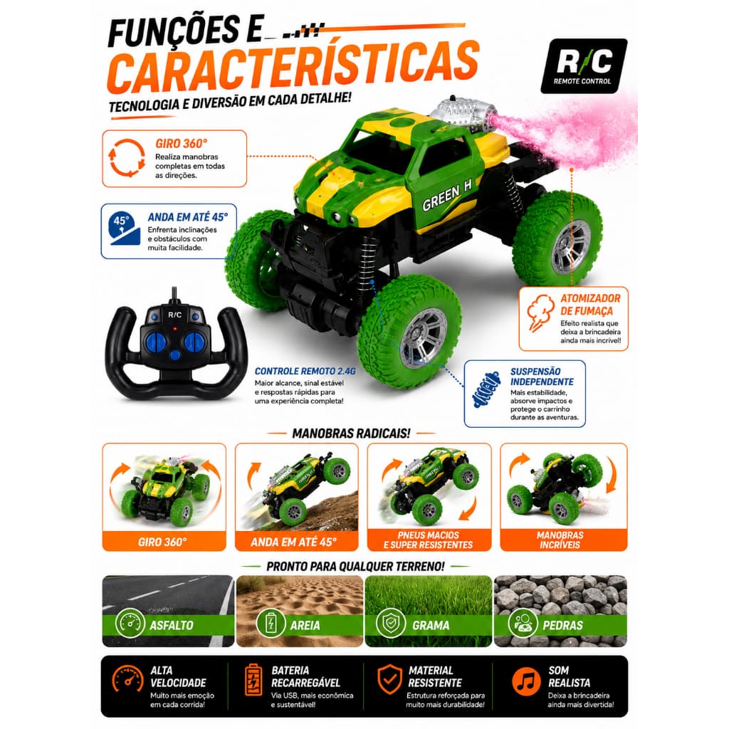 Carrinho Controle Remoto Stunt 360° com Fumaça Recarregável USB Alta Velocidade Off Road Infantil